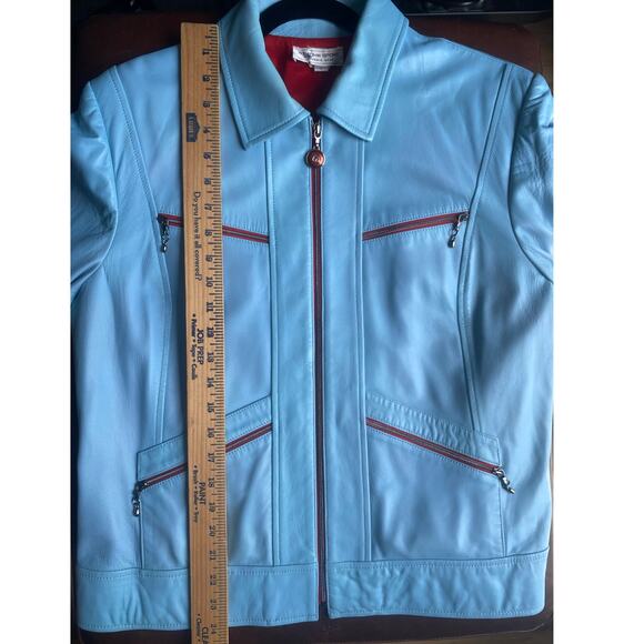Y2K St. John Sport By Marie Gray Blue Leather Jacket w/ Red Trim Accents/Lining - Picture 16 of 16